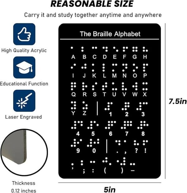 Braille Alphabet Board,Braille English Alphabet with Raised Dots, Numbers & Punctuation Braille Learning for Beginners, Braille Teaching Aid for Blind Children, Adults-7.5 x 5 inches-Black - Image 3