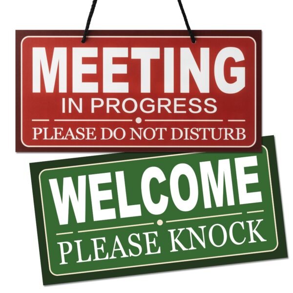 Double-Sided Office Door Hanger Sign, Acrylic Welcome Please Come In, Meeting In Progress Please Do Not Disturb, Red/Green and Wood Grain Options