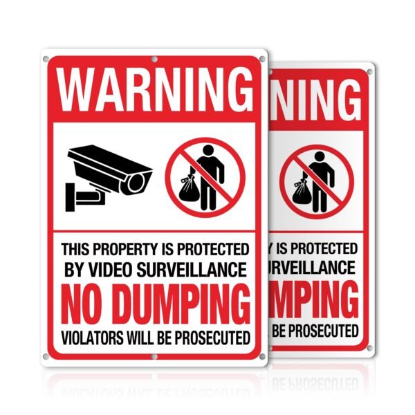 No Dumping Signs, 2PK Property Protected By Video Surveillance Sign, 40mil Rust-Proof Aluminum Security Camera Warning Sign, 14''x11'' UV Printed No Littering Signs for Property, Business & Home