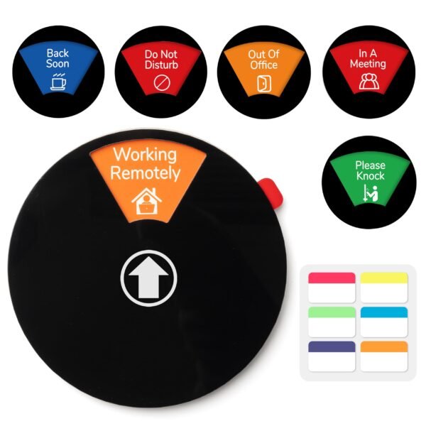 Office Door Sign Do Not Disturb, 6 Options Privacy Wheel Sign with Color Notes, In a Meeting, Working Remotely, Out of Office, Back Soon, Please Knock, Business Status Indicator, 6 inch Black