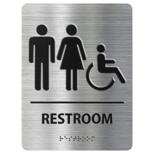 Restroom Sign with Braille – Unisex ADA Compliant Bathroom Sign for Business Brushed Stainless Steel Aluminum Restroom Sign Apply to Office, Home or Public Bathroom Door Sign 8"x6"