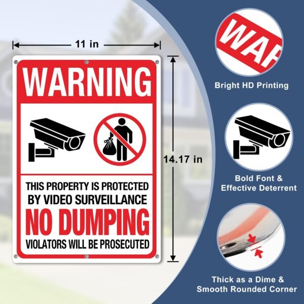 No Dumping Signs, 2PK Property Protected By Video Surveillance Sign, 40mil Rust-Proof Aluminum Security Camera Warning Sign, 14''x11'' UV Printed No Littering Signs for Property, Business & Home - Image 2