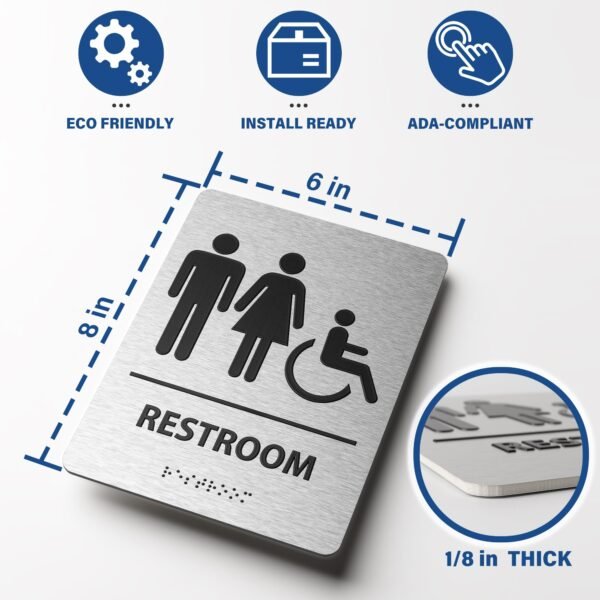 Restroom Sign with Braille – Unisex ADA Compliant Bathroom Sign for Business Brushed Stainless Steel Aluminum Restroom Sign Apply to Office, Home or Public Bathroom Door Sign 8"x6" - Image 2