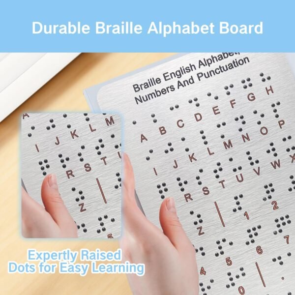 Braille for Beginners Alphabet Board with Raised Dots Learning Cards for Kids Blind Children Display Board, Braille Letter Stickers Books Keyboard Teaching Aid Education Gift (7.25 * 4.7 Inches) - Image 2