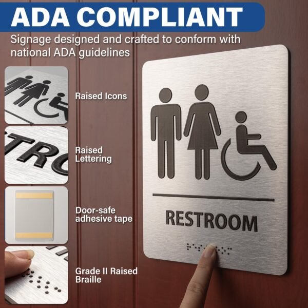 Restroom Sign with Braille – Unisex ADA Compliant Bathroom Sign for Business Brushed Stainless Steel Aluminum Restroom Sign Apply to Office, Home or Public Bathroom Door Sign 8"x6" - Image 3