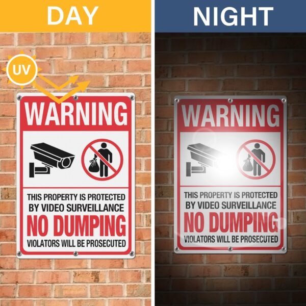 No Dumping Signs, 2PK Property Protected By Video Surveillance Sign, 40mil Rust-Proof Aluminum Security Camera Warning Sign, 14''x11'' UV Printed No Littering Signs for Property, Business & Home - Image 4