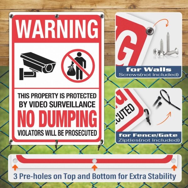 No Dumping Signs, 2PK Property Protected By Video Surveillance Sign, 40mil Rust-Proof Aluminum Security Camera Warning Sign, 14''x11'' UV Printed No Littering Signs for Property, Business & Home - Image 5