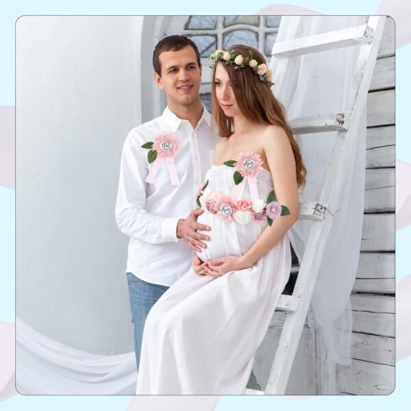 Pink Maternity Sash and Corsage Set Mom to Be Daddy to Be Corsage Pin Flowers Baby Shower Souvenir Sash Supplies Gender Reveal Decorations Pregnancy Photography Props - Image 7