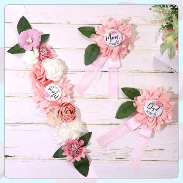 Pink Maternity Sash and Corsage Set Mom to Be Daddy to Be Corsage Pin Flowers Baby Shower Souvenir Sash Supplies Gender Reveal Decorations Pregnancy Photography Props - Image 4