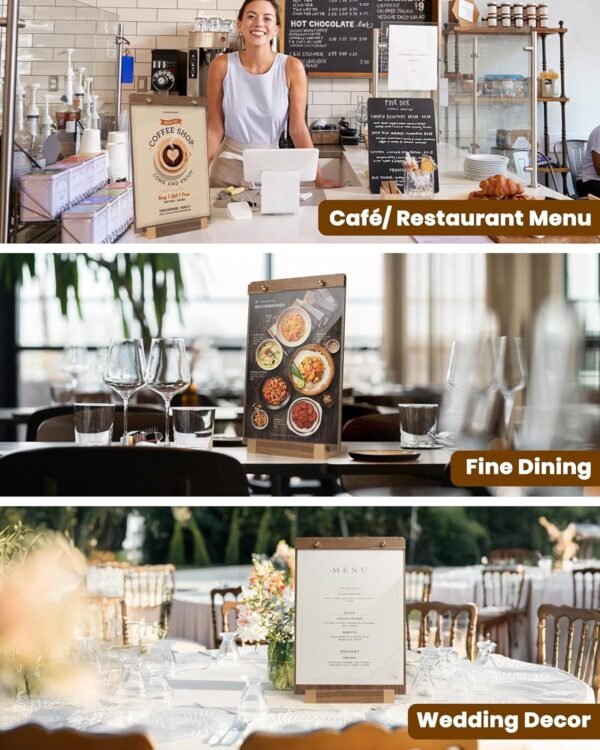 3Pack Acrylic Sign Holders 8.5 x 11 with Walnut Wood Base, Tabletop Clear Commercial Display Stand for Menu, Poster, Flyer, Table Paper Frame for Restaurant/Office/Coffee Shop Store Bar/Wedding/Hotel - Image 4