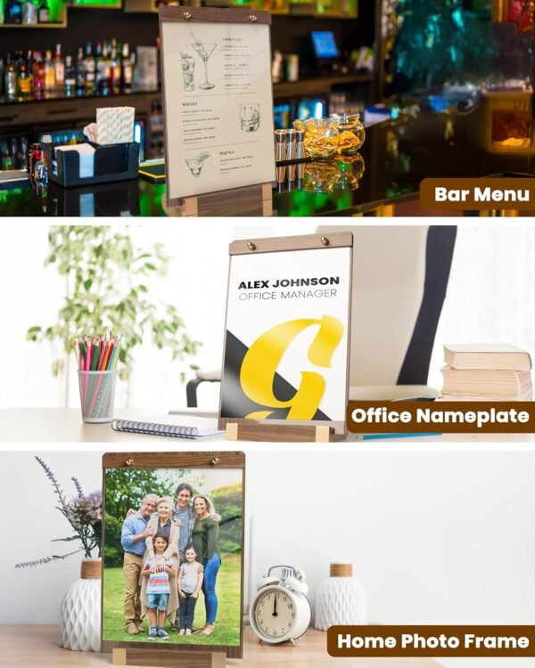 3Pack Acrylic Sign Holders 8.5 x 11 with Walnut Wood Base, Tabletop Clear Commercial Display Stand for Menu, Poster, Flyer, Table Paper Frame for Restaurant/Office/Coffee Shop Store Bar/Wedding/Hotel - Image 5